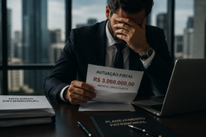 Empresário diante de autuação fiscal após erro no planejamento de holding patrimonial e na integralização de imóveis.