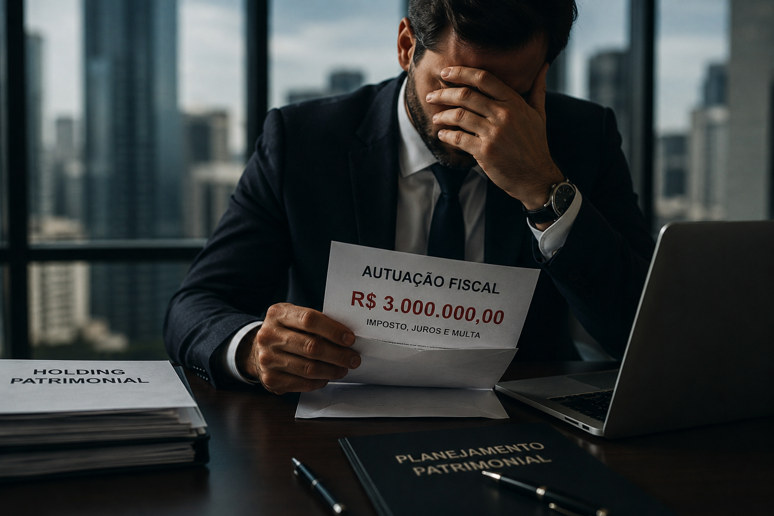 Empresário diante de autuação fiscal após erro no planejamento de holding patrimonial e na integralização de imóveis.